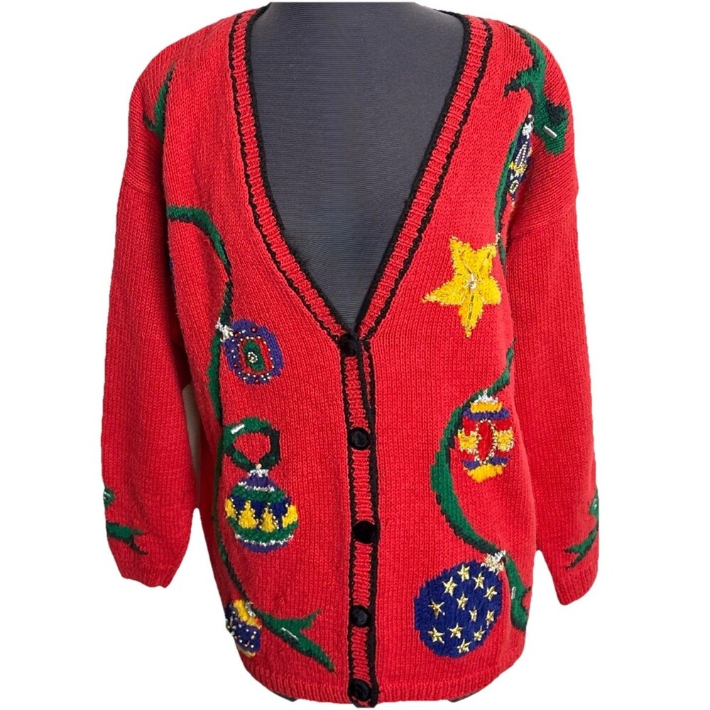 Vtg Talbots Christmas Ornament Hand Knit Cardigan Sweater 3D Size Medium Holiday